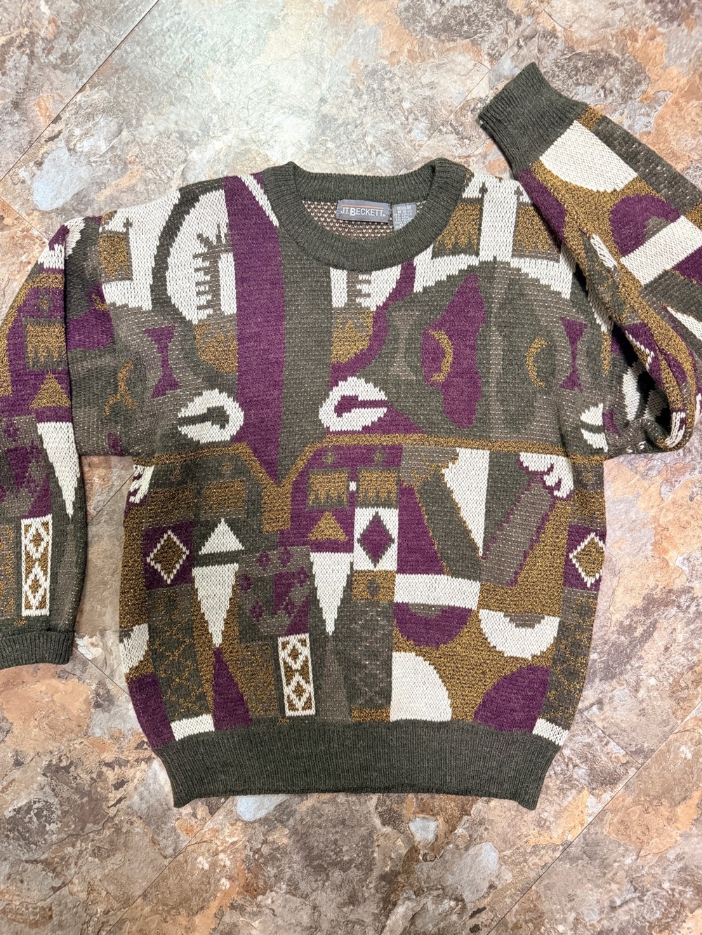 JT Beckett Olive Green Patterned Crewneck Sweater Mens M(38-40)